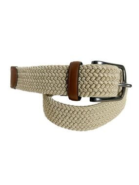 Original Penguin Beige Elastic Woven Belt Size S 30–32 Braided Leather Trim Belt